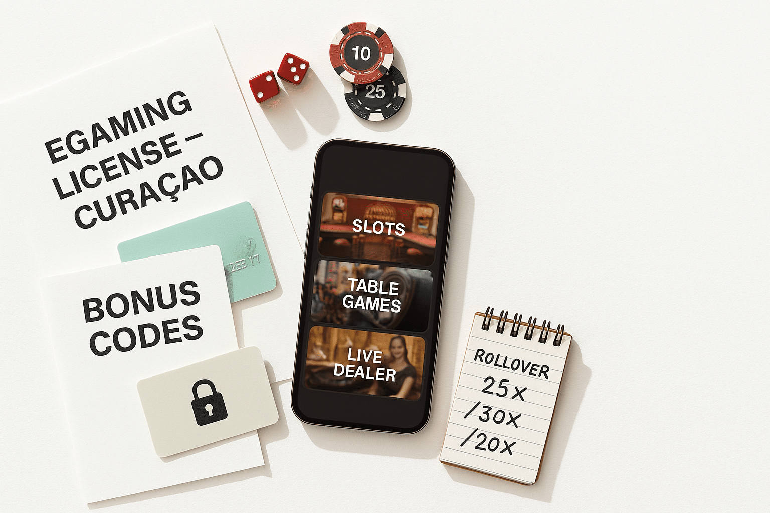 Flat-lay of Curaçao eGaming license, bonus codes, chips, and phone showing generic casino lobby—signaling safe play, fair games, and clear rollover rules.